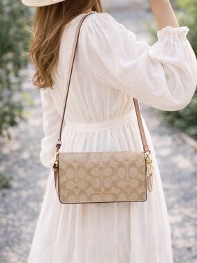 Coach Beige Signature Crossbody Bag with Gold Hardware